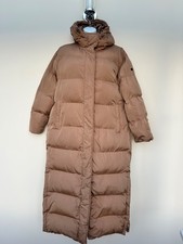 Superdry Womens Longline Puffer Coat Size 12 Tan Brown Hooded Winter Jacket