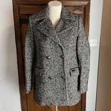 Superdry Womens Grey Black Herringbone Double Breasted Wool Peacoat Size Small