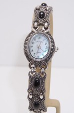Pre-Loved Sterling Silver Ladies Marcasite & Onyx Quartz Watch With Bracelet