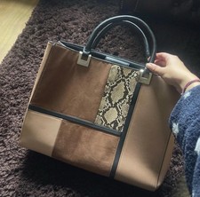 Topshop Snake Print Patchwork Handbag – Faux Suede & Leather with Silver Accents
