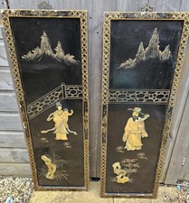 Chinese Vintage Mother of Pearl Panels (x 2) Inlaid & Carved Black Lacquer 