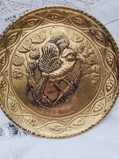 Vintage Pressed Brass Wall Plate Embossed Blue Tit Bird