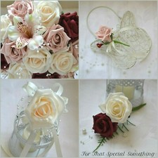 Wedding Bouquet in Dusty Pink & burgundy. Buttonholes, Flower Girl Wand, Corsage
