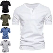 New Mens Henley Grandad Solid T Shirts Tee Summer Short Sleeve Casual Loose Tops