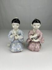 Vintage Pair of Asian Japanese Girl Child Porcelain Dolls Bird Mirror Geisha