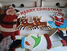 VINTAGE CHRISTMAS WOODEN HANGING DECORATIONS SANTA, SNOWMAN, SLEIGH 