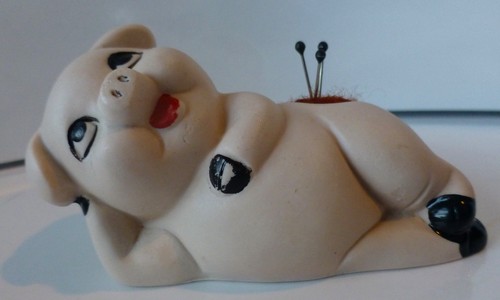 Vintage bisque pig - vintage, pincushion