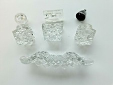 Rare Art Deco 3-Piece Cut Glass Cruet Set - Dish is Curved - One Metal Lid