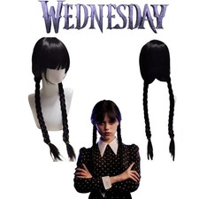 Wednesday Addams Family Wig Cosplay Long Black Braids Hair with Bangs Props