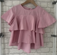 Hardly Used- Zara Pink Ruffle Frill Crop Top Blouse - 100% Cotton- Size S