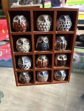 Vintage Owl Figurines Hand Painted Ceramic Set of 12 1.5" Figures Display Box