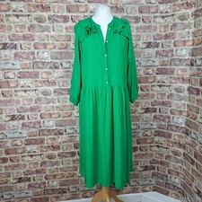 Next Midi Dress 14 Tall Green Long Sleeve Flare Ruffle Boho
