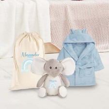 Personalised Blue Baby Dressing Gown Gift Set with Elephant Bag - Rainbow Design