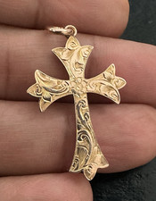Victorian Antique 9ct Rose Gold Cross Pendant | Floral & Scroll Engraved | 3.9cm