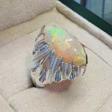 Natural Ethiopian Fire White Opal Ring Sterling Silver Ring AAA Big Quality Opal