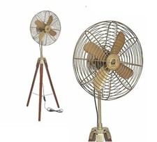 Home Decor Table Fan Antique Brass Electric fan with Wooden Tripod Stand Handmad