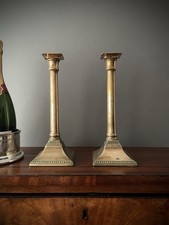 George III Antique Brass Candlesticks | Gun Barrel Column Square Foot | c1760