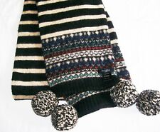 Hobbs Corin Pom Pom Scarf black beige fair isle stripe lambswool blend stole vgc