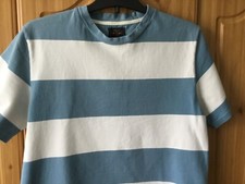 Mens BEAMS Teeshirt Large Blue and White Wide Striped Tee Shirt Short Sleeved 