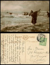 Fishers with Large Fishing Nets, Salon, Francis Tattogram 1910 1913 Old Postcard