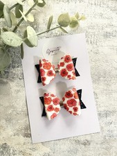 Poppy Print Hair Bows Wine Clips Mini 2.5” Pigtail Bows Glitter Sparkle Red Bows