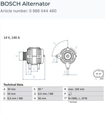 BOSCH 0 986 044 460 Alternator14V, 140A, excl. vacuum pump, Ø 56 mm (XX13)