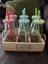 VINTAGE MILK  BOTTLES CADDY Set of 6 Glass Bottles with Lids Straws Wooden Caddy