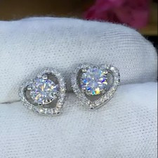 2 Ct  Heart Cut VVS1 Moissanite Halo Women's Stud Earrings 14K White Gold Plated