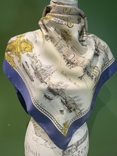 HERMES PARIS. 2 VINTAGE SILK SCARF-PARIS LONDON 1850' THE RIVER'/BOIS DE BOULOGN