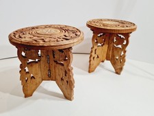 2 x Small Rustic Anglo-Indian Folding Pot Stands Tables with Inlay Hand Carved