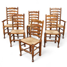 Vintage Set of 6 Oak Ladderback Rush Seat Dining Chairs includes 2 Carvers