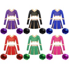 UK Kids Girls Cheerleading Outfit Set Dress Up Long Sleeve Crop Top with Skirt