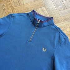 FRED PERRY BRADLEY WIGGINS 1/4 Zip Neck Blue Polo Shirt Cycling Mod Size Large L