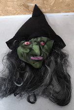 Latex Witch Face Cover - Halloween Green Face Black Hair and Hat Set 