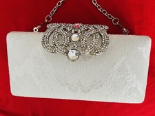 Clutch Bag, Small. Satin , Cream / White With Buckle And Chain.Gold Trim. Retro.