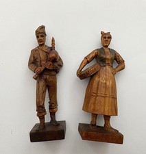 Vintage Hand Carved Wooden Figures x 2 Spanish Folk Art Piper Man Woman 