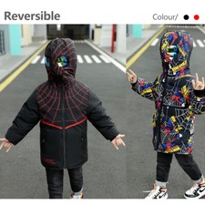 Kids Boys Spiderman Hooded Puffer Jacket Coat Parka Winter Outerwear Reversible