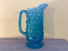 Antique DAVIDSON GLASS BLUE PEARLINE FOOTED JUG HOBNAIL PATTERN