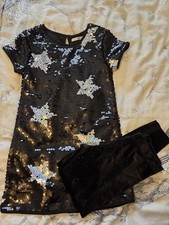 Girls M&S Star Sequinned Party Outfit Tunic Dress And Sparkly Velour Leggings