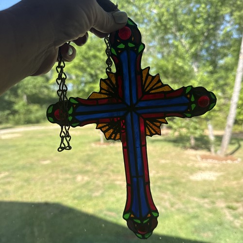 Vtg stained glass cross - glass, w/