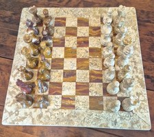Chess Set 15" Fossil Cream & Autumn Red Onyx/Marble Handmade Cream Border Case Z