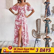 Womens Boho Floral Long Maxi Dress Cold Shoulder Split Holiday Beach Sundress