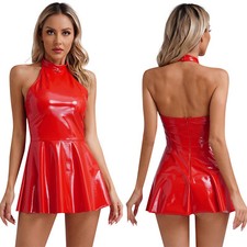 UK Womens Wet Look PVC Leather A-Line Mini Pleated Dress Lingerie Dress Clubwear