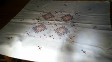 VINTAGE HAND EMBROIDERED IRISH LINEN   TABLECLOTH -  LEFKARA WORK