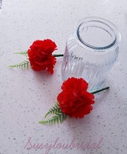 TWO x Classic Single RED Carnation Buttonholes With Fern Artificial, Weddings