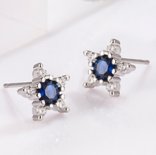 925 Sterling Silver Pentagram Star Blue CZ Gem Stud Earrings Women Girl Gift UK