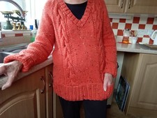Ladies Hand Knitted Aran V-neck Jumper With Pockets