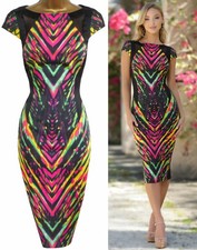 KAREN MILLEN ❤ STRIKING NEON ABSTRACT ZIG ZAG DESIGN PENCIL WIGGLE DRESS ❤ UK 10