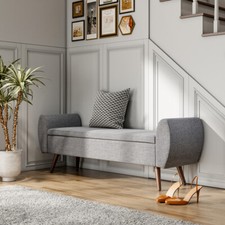 Gray Linen Storage Ottoman Bench Long Storage Chest with Dark Walnut Wood Legs