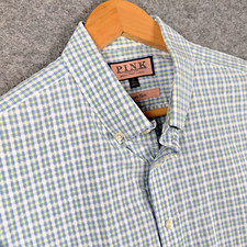 Thomas Pink Shirt Mens 17" Collar Green Tattersall Check Long Sleeve Super Slim